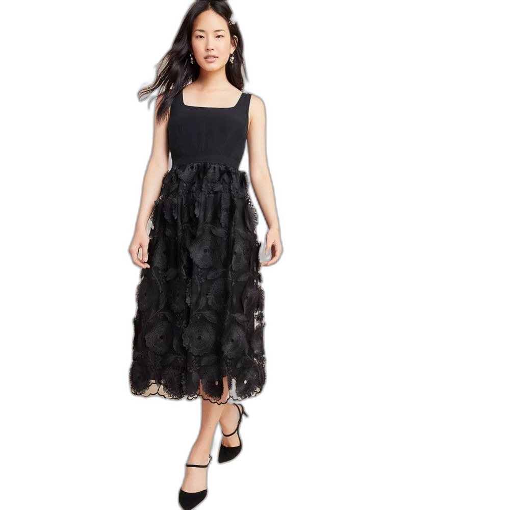 Anthropologie Floriana Lace Midi Dress Black Size 2 Textured Floral Appliqué NWT